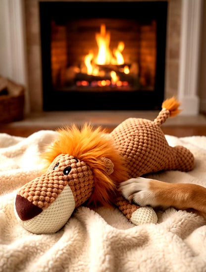Textured Squeaky Plush Lion Dog Toy for Aggressive Chewers